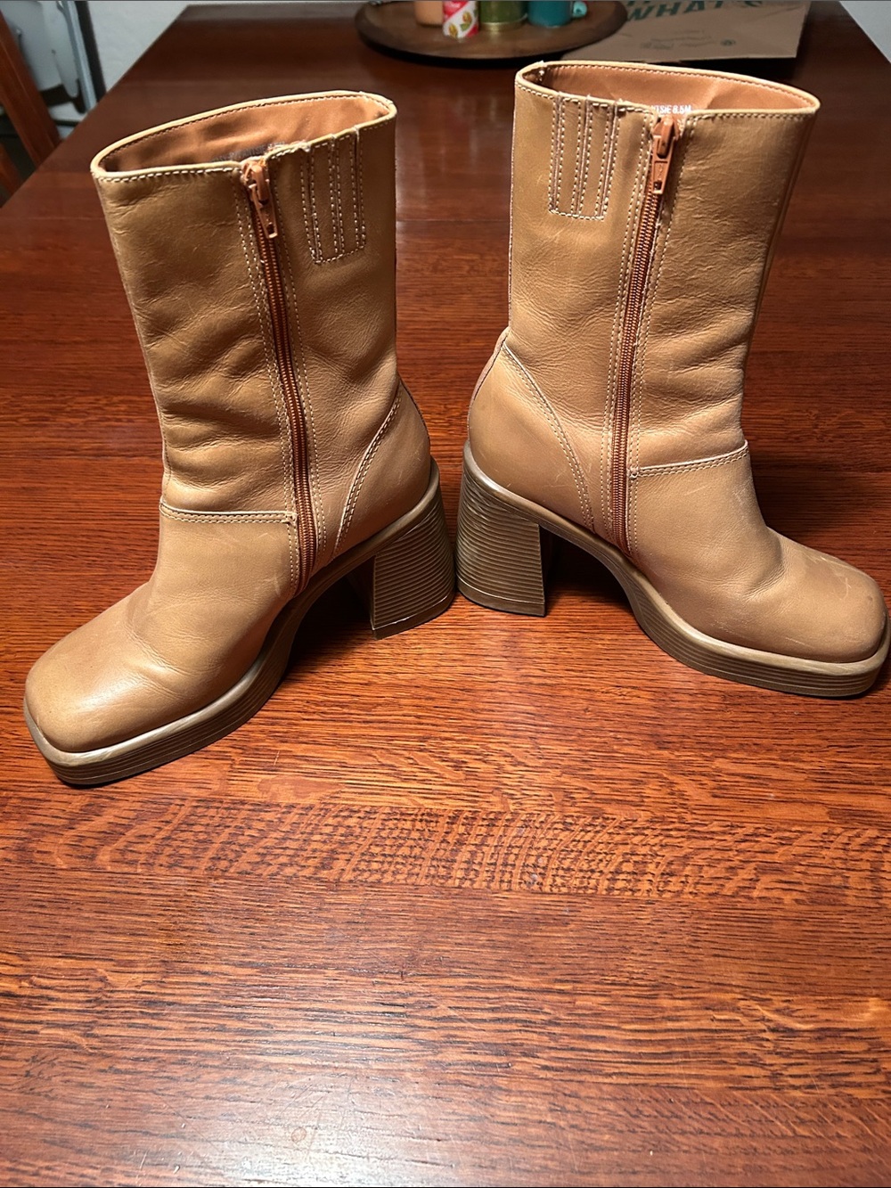 Steve Madden Tan Mid-Calf Block Heel Zip Boots